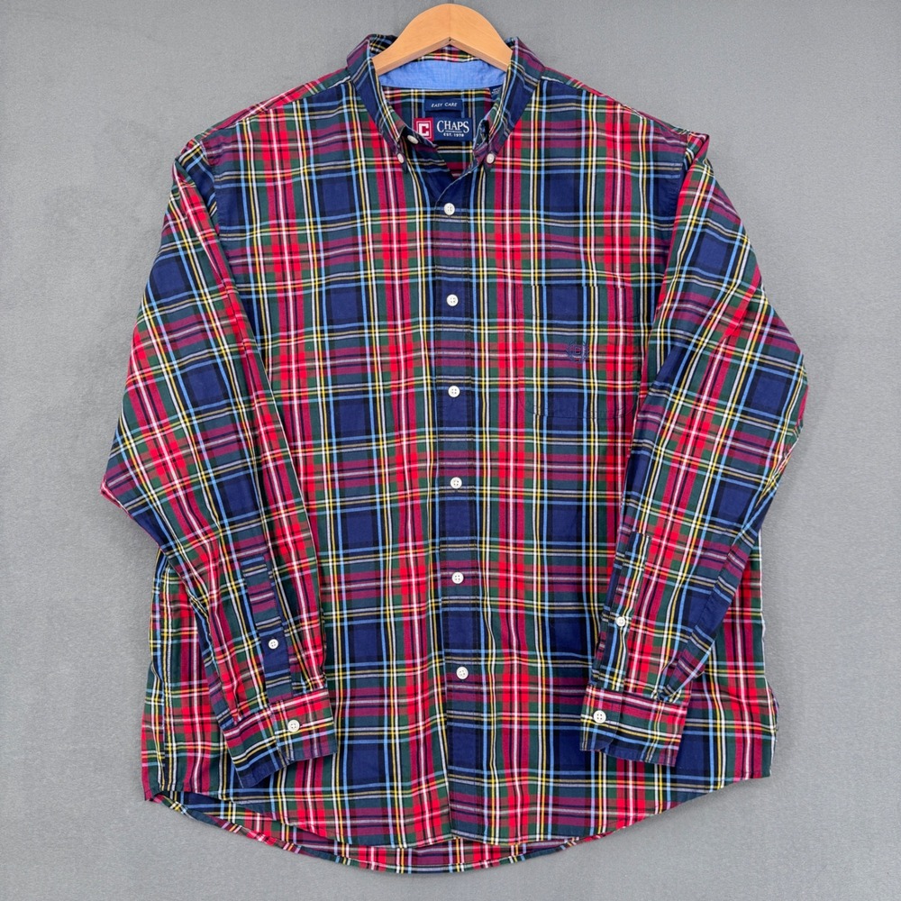 Chaps Plaid Button Down Shirt Mens XL Red Navy Tartan Preppy Academic Classic